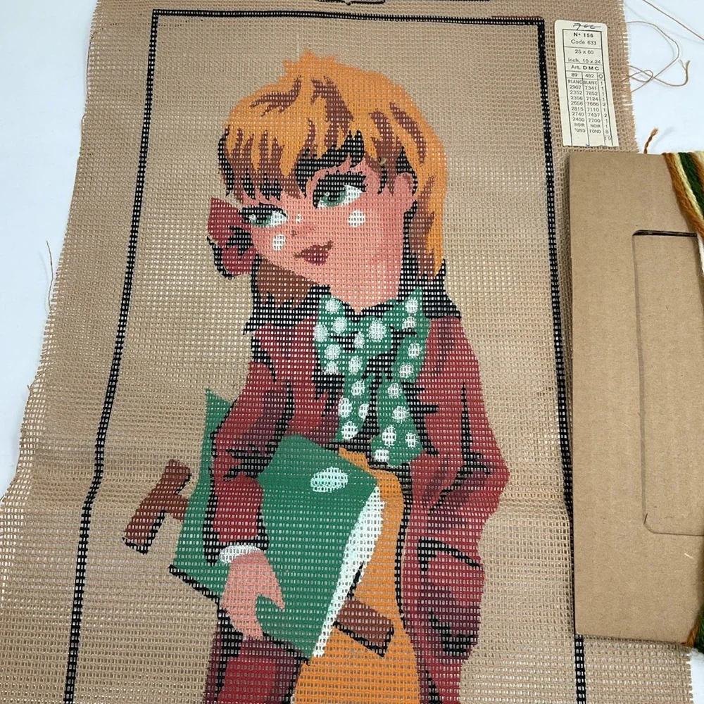 Vintage hand painted Margot de‎ Paris Needlepoint kit girl with book 100% Cotton